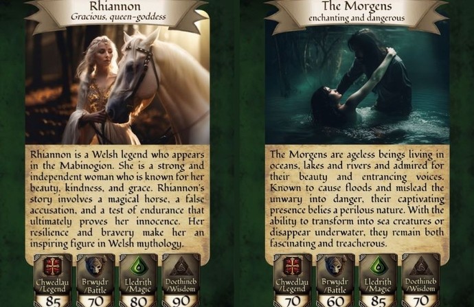 Two playing cards, one for Rhiannon and one for the Morgens; each shows a title, computer-generated illustration, textual description, and four attributes with numeric values: Legend, Battle, Magic, Wisdom. 