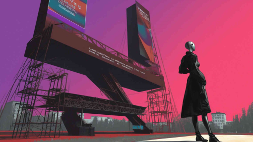 An Ai image showing a figure of a woman against a pink background with a tall building.