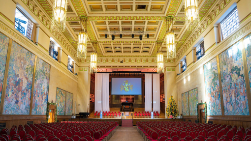 Internal image of Brangwyn Hall from the back setup for a graduation ceremony