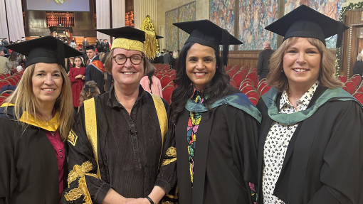 Yutara with the VC and course tutors Lowri Harris and Sarah Loxdale