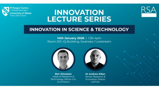 A blue graphic with pictures of two men inserted in circles, giving information about the series of talks.