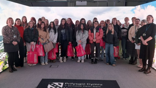 Coleg Ceredigion Trip to UWTSD group shot in the immersive room 