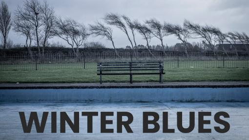 An empty bench on a windy, gloomy day with words 'Winter Blues'