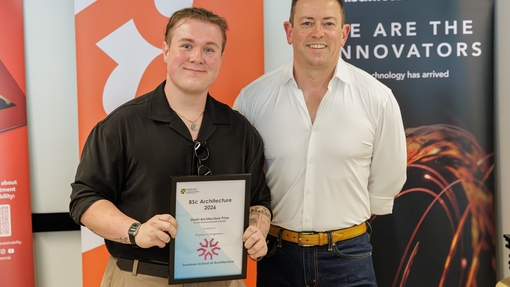 Dylan Longman winner of the Starki Architecture prize with lecturer Ryan Stucky