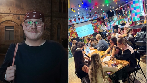 Twi images in one.  Profile photo of Calum with an image of Calum enjoying the quiz during Penwythnos y Glas