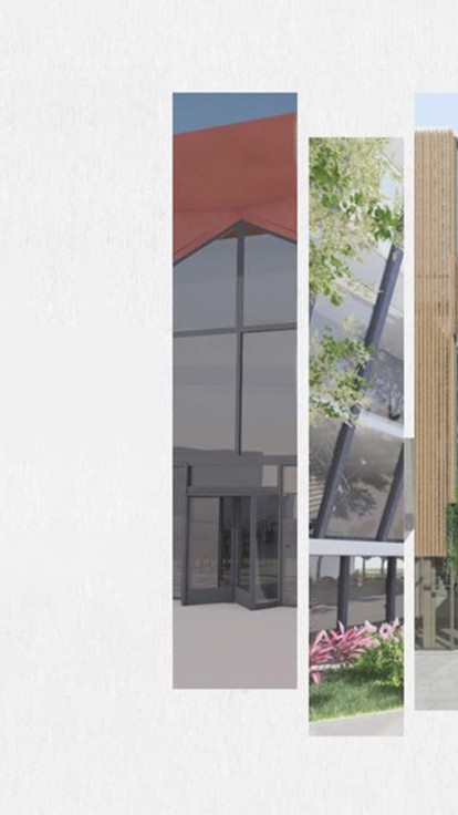A light beige background broken up by eight columns containing photos of buildings and the word Retold.