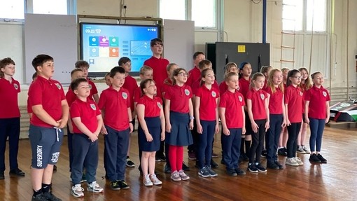 Grŵp o ddau ddeg saith o ddisgyblion blwyddyn pump a chwech o Ysgol Gellionnen yn perfformio mewn neuadd.
