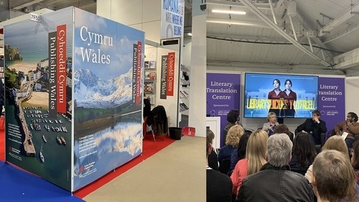 Stondinau gan Cyhoeddi Cymru a’r Ganolfan Cyfieithu Llenyddol yn ffair lyfrau Llundain 2023.