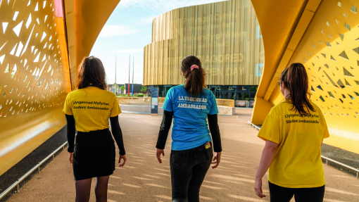 Student Ambassadors walking over Swan Bridge to Swansea Arena