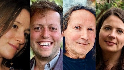 Pedwar ffotograff portread o bedwar person, Siân Melangell Dafydd, Llŷr Gwyn Lewis, Juliana Léveillé-Trudel a Louis Hamelin.