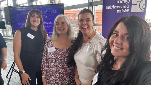 Selfie featuring four women at the Senedd.