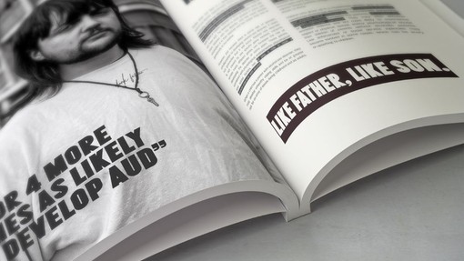 A monochrome book showing an unhappy-seeming young man on the left and text on the right including the pull-quote Like Father, Like Son.
