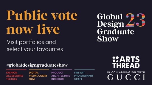 Poster: Pleidlais gyhoeddus nawr ar agor – #globaldesigngraduateshow – Arts Thread mewn cydweithrediad â Gucci.
