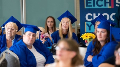 Women of all ages wearing blue robes and mortarboards sit at tables in front of a UWTSD banner.