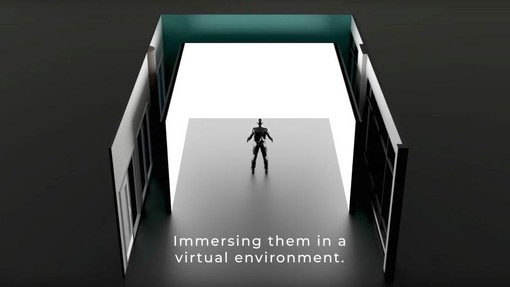 A stripped-down 3D model of a room with a man standing in its centre.