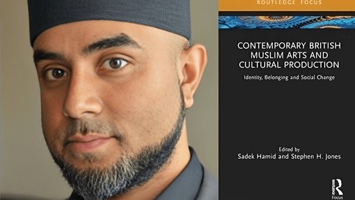 Dr Sadek Hamid ar y chwith; clawr ei lyfr newydd ar y dde.