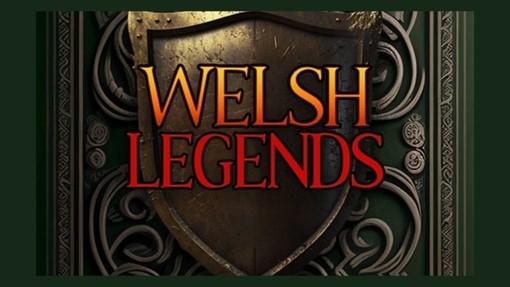 Graffig Chwedlau Cymru yn dangos y teitl uwchben llyfr swynion ffantasi.
