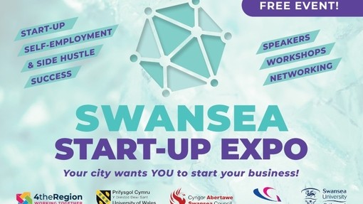Poster of Expo Swansea including what to expect – at the bottom of the poster a list of sponsors including 4 the region, UWTSD, Gower College, and Swansea University.