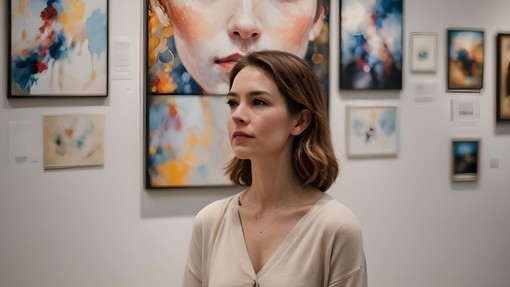 A student standing in front of the exhibition
