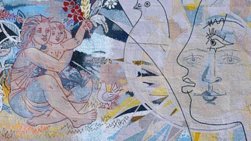 Wall mosaic "Peace" by Walter Womacka at Marzahner Promenade 45 in Berlin-Marzahn, Germany