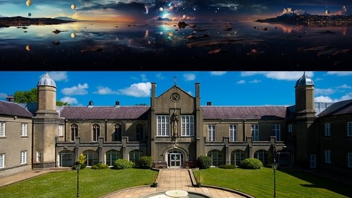 Two images of UWTSD's Lampeter campus and image of lake and colourful skies, stars and planets