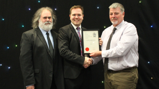 Prof Peter Charlton, Sam Hurrel and Tom O'Hare receiving John Grimwade Award