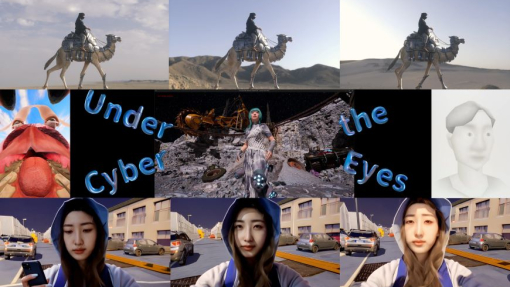 a colourful montage of pictures featuring a man on a camel and self portraits of the artist.