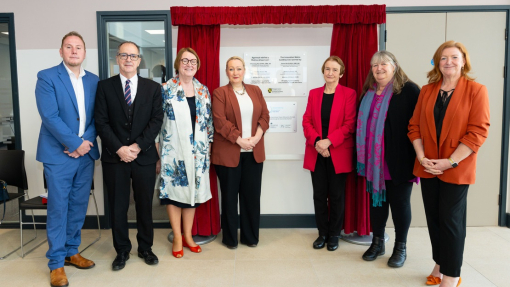 Image of guests during the Innovation Matrix opening which includes Cllr Rob Stewart (Leader of City and County of Swansea), Emlyn Dole (Chair of University Council), Professor Elwen Evans (Vice-Chancellor), Rebecca Evans MS (Cabinet Secretary for the Economy, Energy and Planning), Dame Nia Griffith DBE MP (Parliamentary Under-Secretary of State, Wales Office), Julie James MS, Dr Debra Williams (Pro Vice-Chancellor, Business and Commercial Relations)