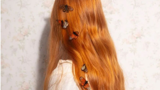 A photograph of a girl standing with her back to the camera, facing a white wall, with butterflies in her hair.