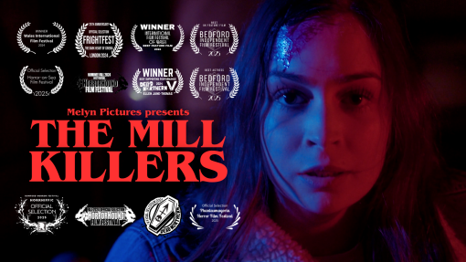 menyw yn edrych yn ofnus gydag ysgrifen goch fawr feiddgar yn darllen 'The Mill Killers'
