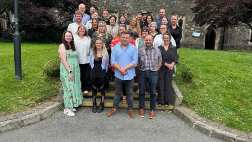 Group photo of Youth Studies staff and students in front of the old building on Carmarthen campus during the a hugely successful ETS Endorsement accreditation event