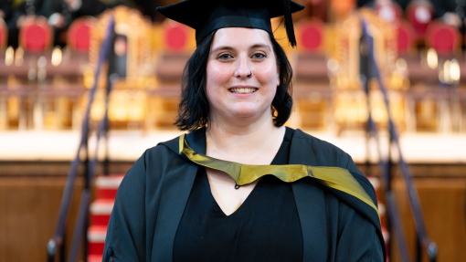 Reia Sigrist in cap and gown in Brangwyn Hall