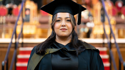 Shaheena Kenyon in cap and gown in Brangwyn Hall
