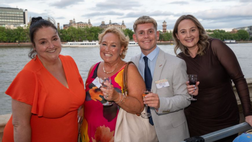 A group of four happy people, celebrating outside in London