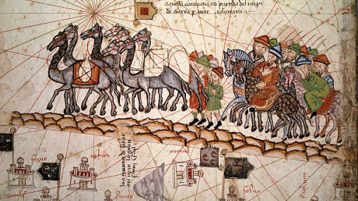 Marco Polo heading to China (From the Catalan Atlas by Abraham Cresques (1325-1387), illuminated manuscript on parchment, Majorca (Mallorca, Mallorque), 1375. BN, Paris, France)