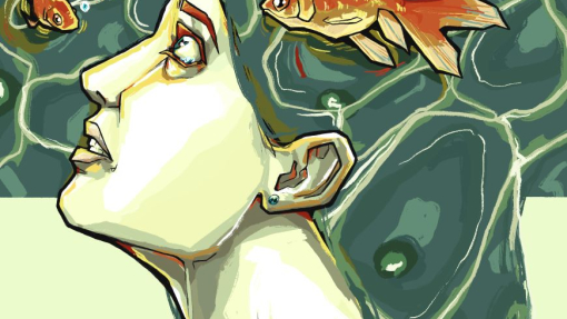 A green and orange image of a figure.