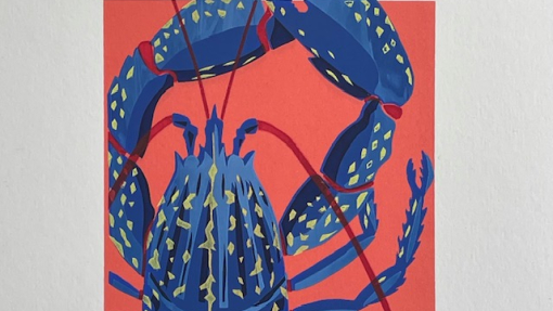 A colourful image of a bright blue lobster against a rich, burnt orange/pink background.