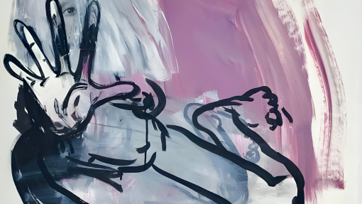 A pink and blue abstract image of a figure with a hand outstretched.
