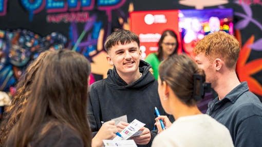 Students smiling while talking