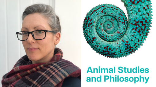 Headshot photo of Dr Rebekah Humphreys next to a cover of the Animal Studies and Philosophy