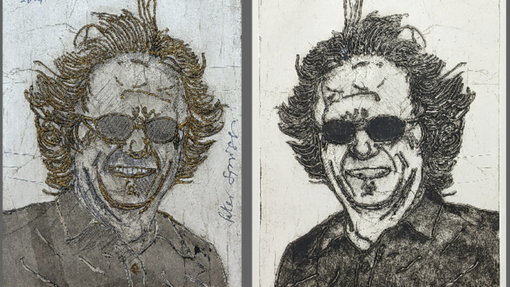 A mono printed image of a man wearing dark glasses.