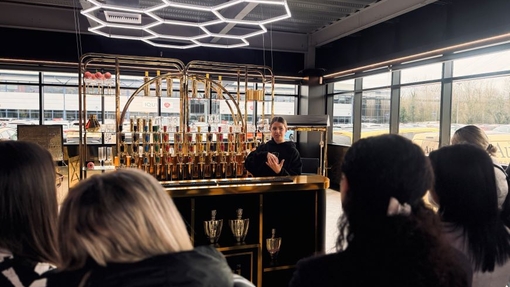 A member of staff delivering a talk to the students from the business.