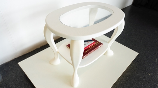 student exhibition white table