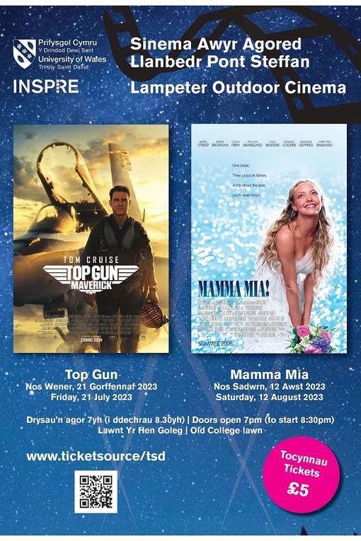 Poster sinema awyr agored PCYDDS Llambed yn dangos y ffilmiau Top Gun Maverick a Mamma Mia.