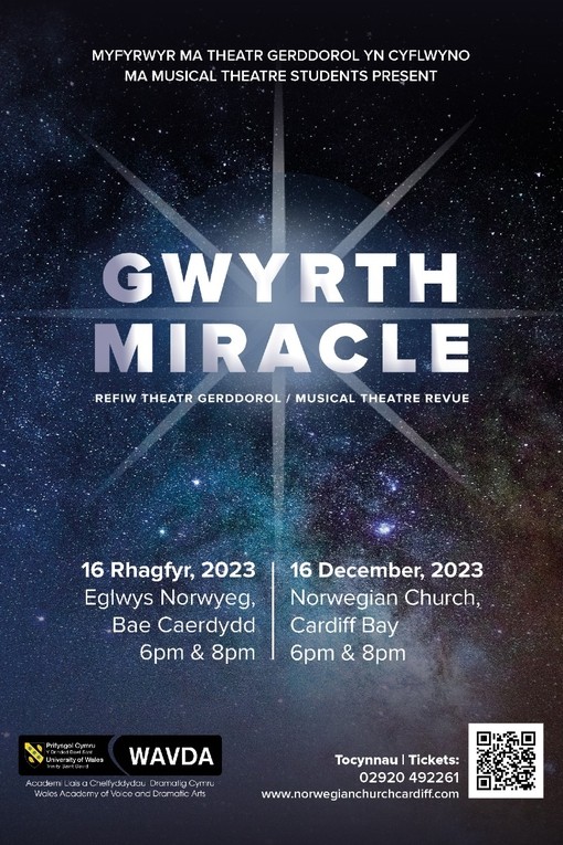 Poster dwyieithog yn hysbysebu’r refiw theatr – Gwyrth.
