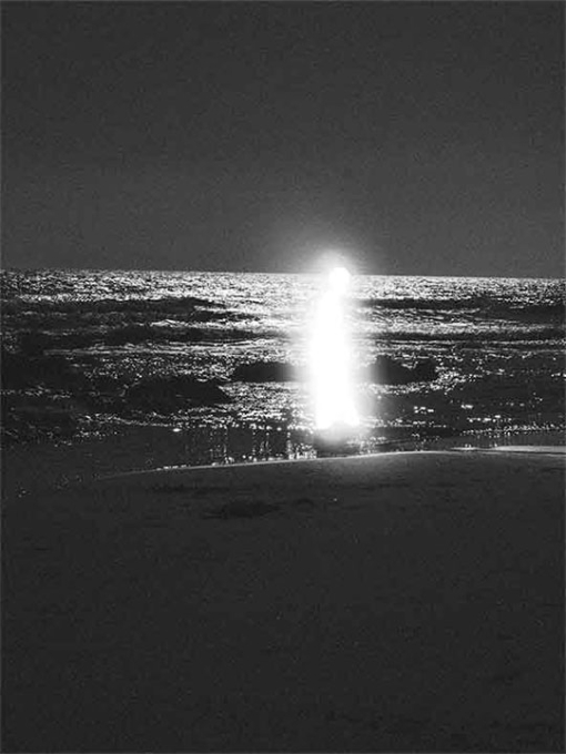 Black and white image of a white silhouette on the beach