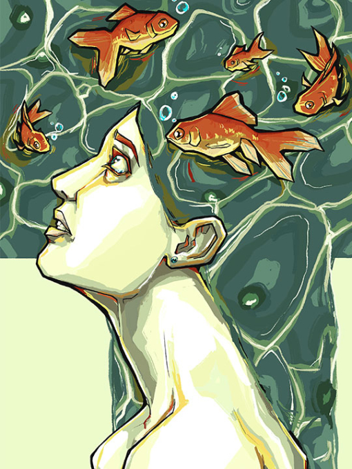 illustration of a female merging into water with fish