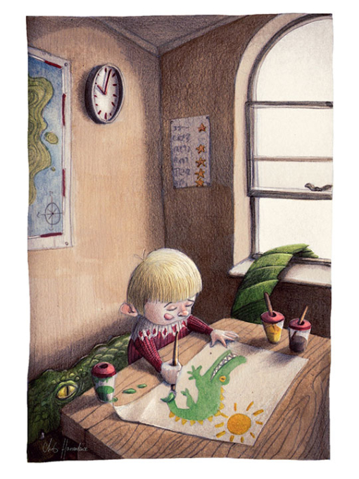 illustration of a child drawing a dinosaur
