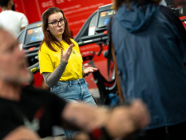 Student Ambassador giving tour of gym in Carmarthen