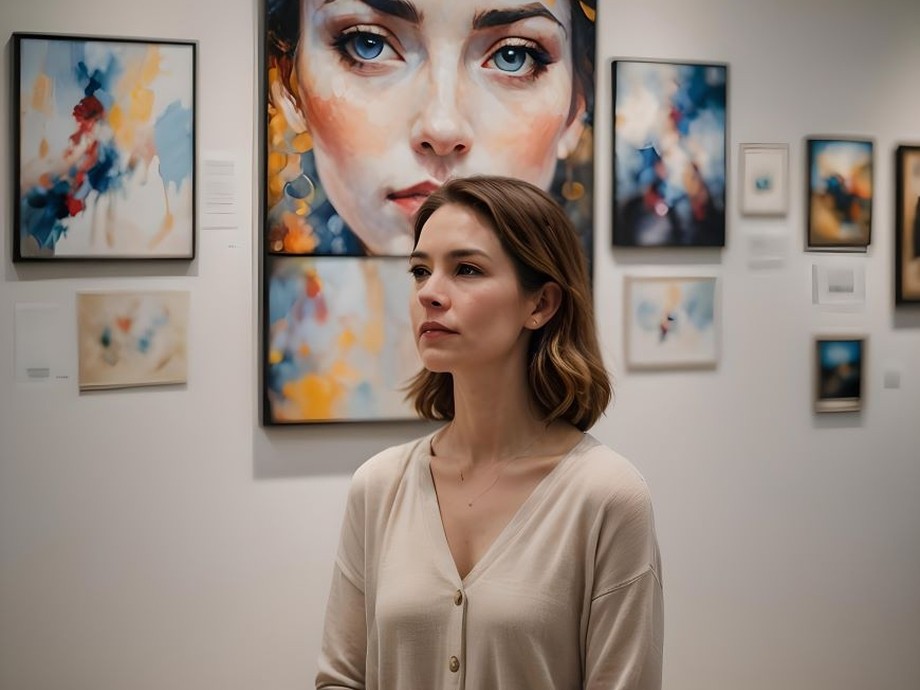 A student standing in front of the exhibition